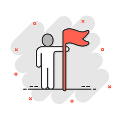 People with flag icon in comic style. Victory cartoon vector illustration on white isolated background. Achievement splash effect business concept.