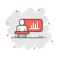 People on podium icon in comic style. Speaker cartoon vector illustration on white isolated background. Audience orator splash effect business concept.