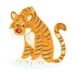 Big adult tiger is sitting. In cartoon style. Isolated on white background. Vector flat illustration.