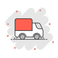 Delivery truck icon in comic style. Van cartoon vector illustration on white isolated background. Cargo car splash effect business concept.