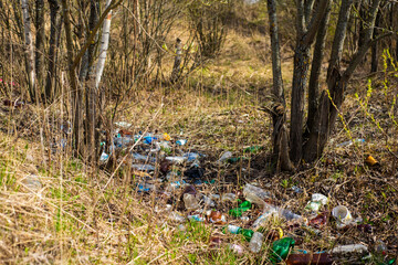 (environmental concept) Household garbage in the autumn forest, pollution of the environment and nature. Garbage - plastic waste, garbage in nature in the forest.