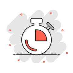 Clock icon in comic style. Watch cartoon vector illustration on white isolated background. Timer splash effect business concept.