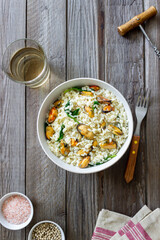 Risotto with mussels and spinach. Healthy food. Vegetarian food.