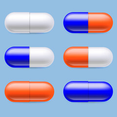 Realistic pills. Medicine tablets round vitamins and capsule drugs, different healthcare pharmacy. Vector pharmaceutical dosage cure medicines set