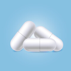 Realistic pills. Medicine tablets round vitamins and capsule drugs, different healthcare pharmacy. Vector pharmaceutical dosage cure medicines set