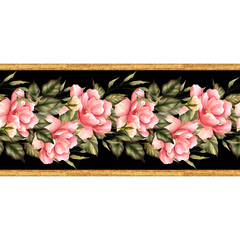 Floral border. Seamless pattern with pink flowers on black background.