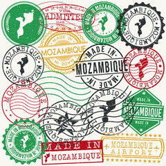 Mozambique Set of Stamps. Travel Passport Stamps. Made In Product. Design Seals in Old Style Insignia. Icon Clip Art Vector Collection.