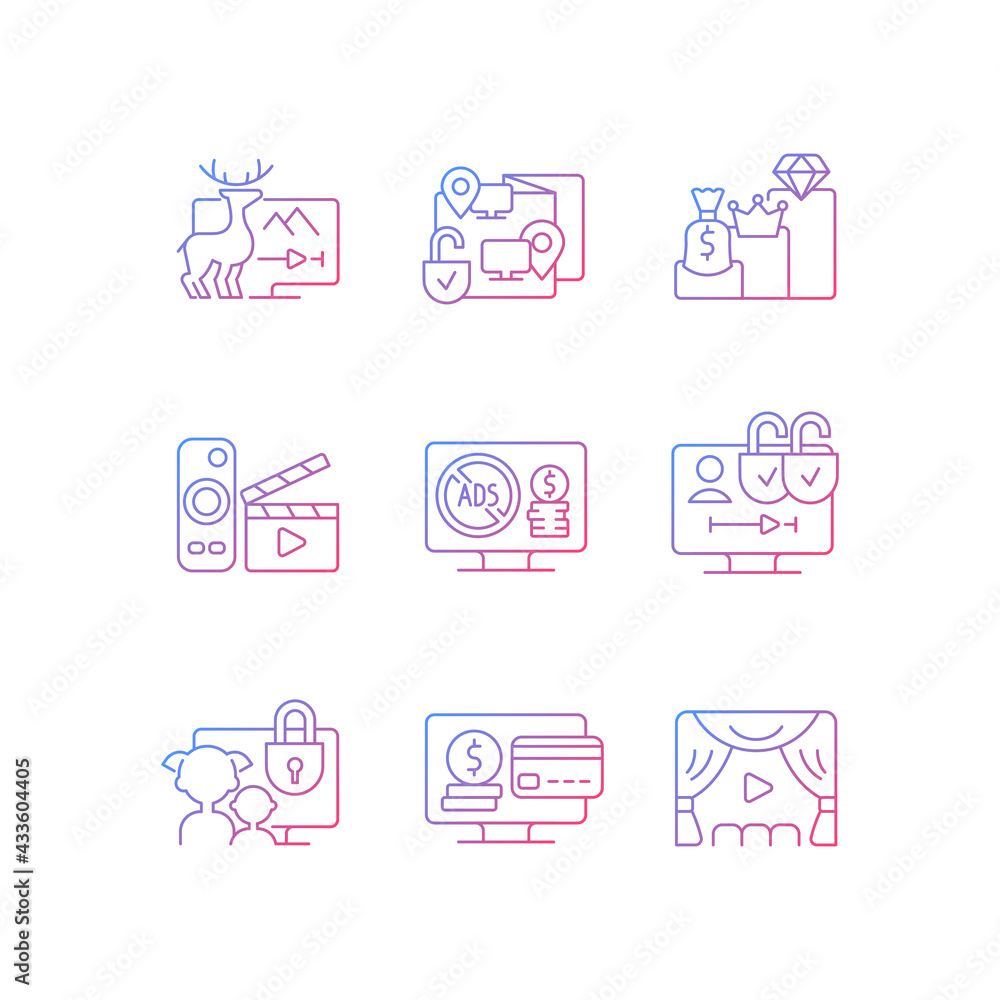 Poster broadcasting services gradient linear vector icons set. documentaries stream. remote co-watching. su