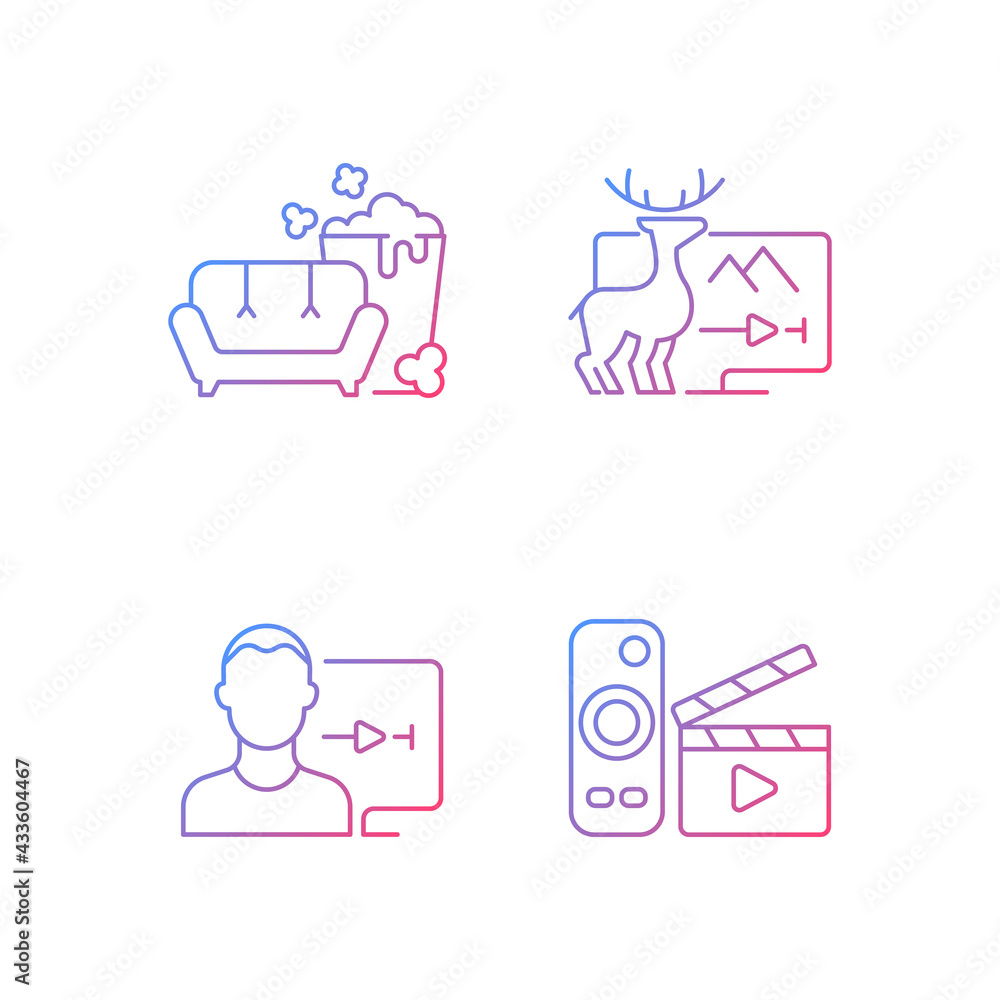 Poster broadcasting services gradient linear vector icons set. tv series, documentaries, movies streaming. 