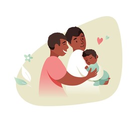 Vector Illustration Of Happy Afro-American Gay Male Couple Holding Adopted Baby Son In Arms. Lesbian and Gay Parents concept.