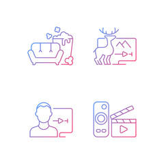 Broadcasting services gradient linear vector icons set. TV series, documentaries, movies streaming. User account. Thin line contour symbols bundle. Isolated vector outline illustrations collection