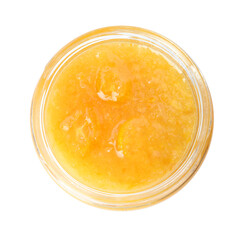 Delicious kumquat jam in glass jar isolated on white, top view