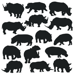 Rhino Hippo Illustration Clip Art Design Scene. Animals Collection Silhouettes Icon Vector.