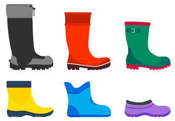 Rubber boots of various shapes. Set of vector illustrations isolated on white background. Wellington boots protect your feet from water, moisture and adverse weather conditions.