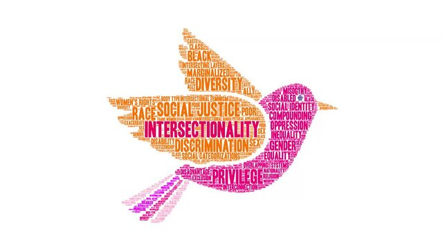 Intersectionality animated word cloud on a white background.