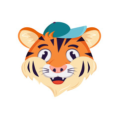 Cute cheerful tiger character, face with happy emotions and smile. Wild animals of africa, cartoon muzzle in a cap