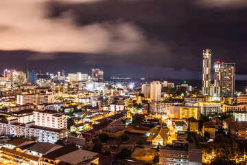 Aerial shot of Pattaya district cityscape in Chonburi in Thailand at night