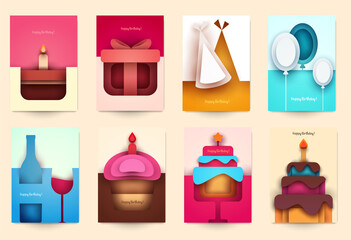 Collection templates cover for birthday. Abstract art composition in modern geometric papercut style. Minialistic concept design for banner, flyer, invitation, greeting card. Vector illustration.