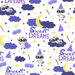 Naklejka premium Seamless pattern with cute wizard raccoon and sweet dreams lettering, ornate for bedding, fabric or wrapping paper with moon and clouds