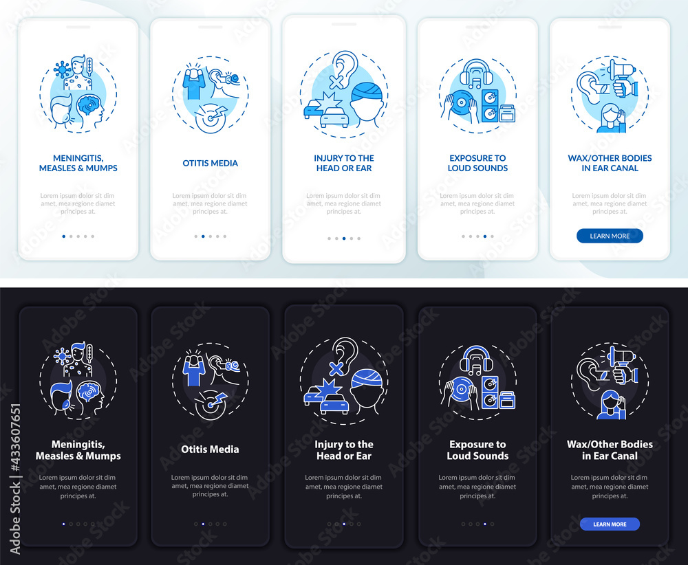 Poster obtained deafness onboarding mobile app page screen with concepts. otitis media walkthrough 5 steps 