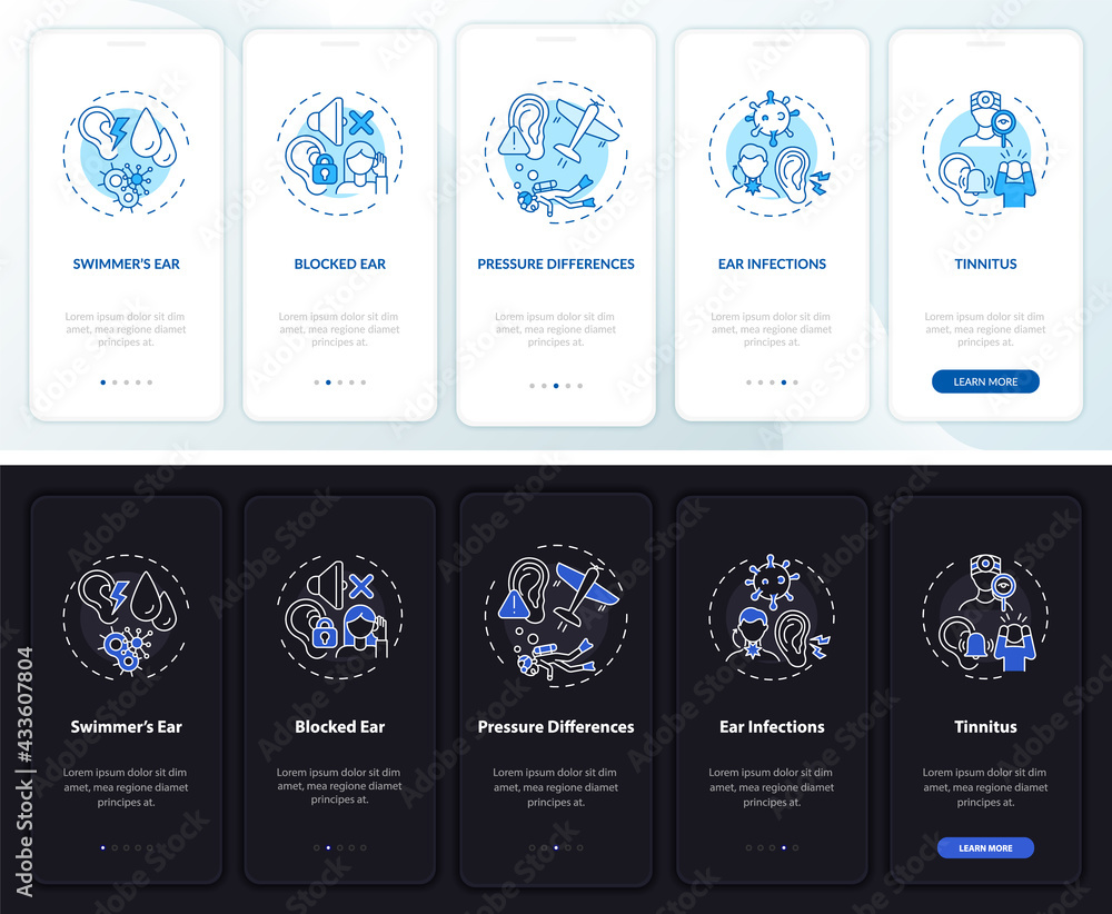 Poster ear disorders onboarding mobile app page screen with concepts. ear blockage walkthrough 5 steps grap