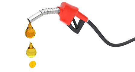 Fototapeta premium Fuel pump with gasoline or diesel fuel and gold coin. Fuel is money. isolated on white background. 3d render
