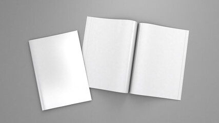 Open magazine mockup. Blank magazine template for copy space. Empty space in cover. Grey background. 3d render