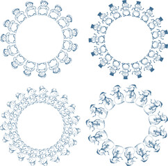 Vector image of set decorative round frames from sketches various cheerful christmas snowmen