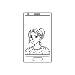 Girl on the phone screen.Simple black outline on white. Illustration of a video call with a young woman, chat online. Hand drawn vector illustration in Doodle style