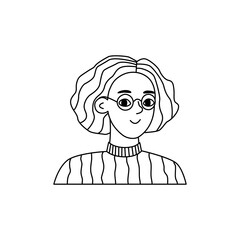 Portrait of a girl on a white background in doodle style, sketch, outline. A young woman with curly hair and glasses. Hand drawn vector illustration