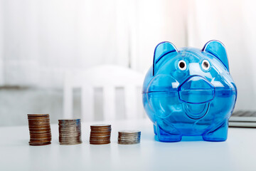 save money investment and business finance , Money coin stack growing graph with piggy bank saving concept. Balance savings and investment.