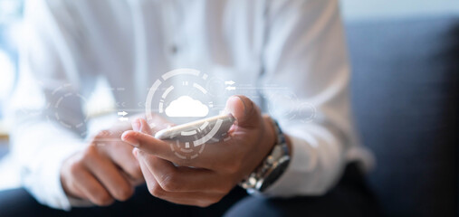 close up businessman hand touchscreen on digital smartphone to transfer or synch data upload and download from cloud computing service with virtual interface for technology business concept