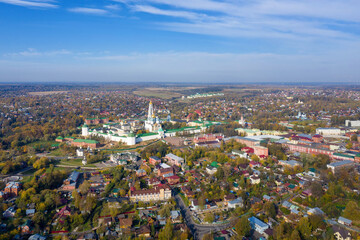 Aerial view of Trinity Lavra of St. Sergius on sunny autumn day. Sergiyev Posad, Moscow Oblast, Russia.