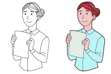 Girl holding blank piece of paper. Jpeg illustration for cards, posters, stickers, prints. Coloring page with color option.