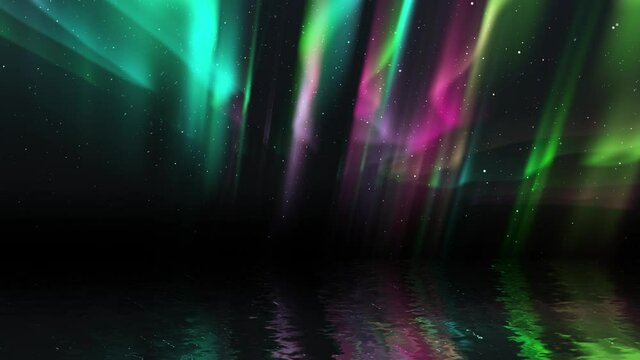 Animation of spectacular Bright realistic Aurora Borealis landscape.Aurora reflective on the lake. Dynamic stars motion on background