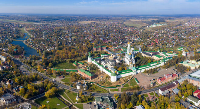 Panoramic aerial view of Trinity Lavra of St. Sergius at sunny autumn day. Sergiyev Posad, Moscow Oblast, Russia.