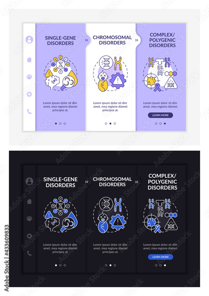 Poster types of genetic disorders onboarding vector template. responsive mobile website with icons. web pag