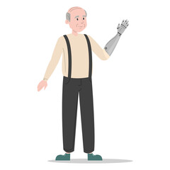 Old man with prosthetic arm vector isolated. Bionic limb, amputee senior male person. Concept of people with disability. Happy elderly person.