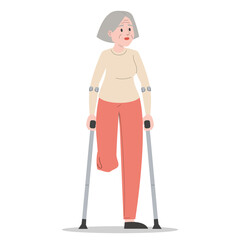 Senior woman on crutches vector isolated. Injured senior lady, amputated leg. Concept of people with disability. Handicapped grandmother. Injured person.