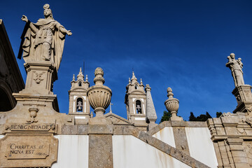 Statues on Baroque stairway that climbs 116 meters in Imposing Good Jesus of Mount (Bom Jesus do Monte, 1373) Portuguese sanctuary outside Braga city. It is an important tourist attraction of Braga.