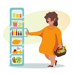 Cartoon vector illustration of female opening fridge in grocery store. Fat woman in orange dress with basket, fruits and vegetables. Customers or shopper in supermarket 