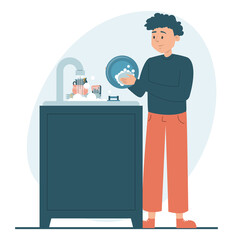 Man washing dishes vector isolated. Everyday routine, housework. Hygiene at the kitchen. Male character cleaning plates using sponge.