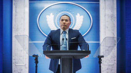 Organization Chinese Representative Speaking at Press Conference in Government Building. Press...