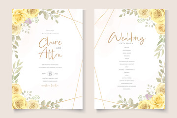 Wedding card template with hand drawn yellow floral ornaments theme