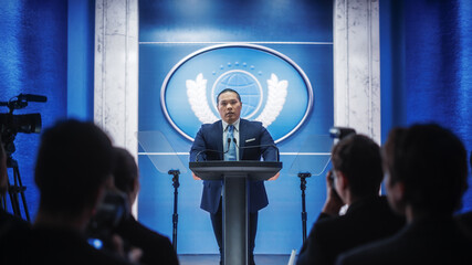 Organization Chinese Representative Speaking at Press Conference in Government Building. Press Officer Delivering a Speech at Summit Meeting. Minister Speaking at Congress Hearing.