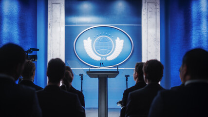 Press Representatives Waiting for a Political Conference to Start. Media Pool of Journalists and...