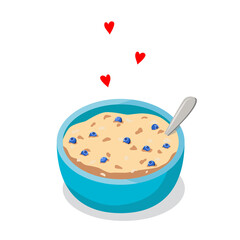 Image of a healthy breakfast. Oatmeal flakes with blueberries in a blue plate on a white background. Healthy food, diet.