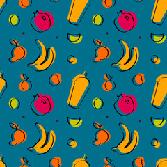 colourful food vector background illustration with oranges, kiwi and garnet. colourful fresh fruit and juice vector background. fresh tasty food vector pattern background with fruit.