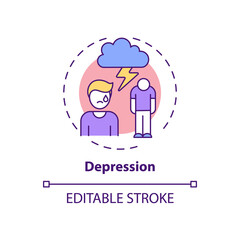 Depression concept icon. Anxiety disorder. Stress management issues. Burnout symptom. Mental health problem idea thin line illustration. Vector isolated outline RGB color drawing. Editable stroke