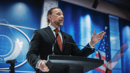 Close up of Organization Representative Speaking at a Press Conference in Government Building....
